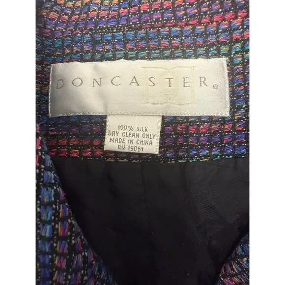 VTG Doncaster Womens XL Silk Tweed Cropped Jacket Rainbow button boxy Black